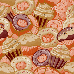 Vector food bakery seamless pattern with baked goods. Flour products from pastry shop. Illustration for print, web. Original design element