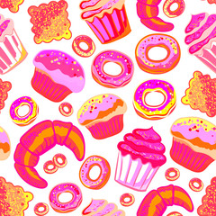 Vector food bakery seamless pattern with baked goods. Flour products from pastry shop. Illustration for print, web. Original design element
