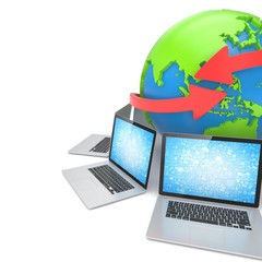 Laptop network around earth globe. 3d render