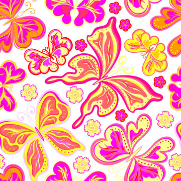 Beautiful background seamless pattern with flying colorful butterflies over white. Bright stylish trendy wallpaper. Vector illustration
