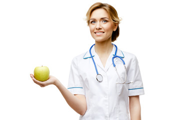 Woman doctor standing on white background