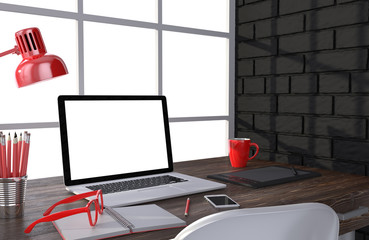 3D illustration laptop and work stuff on table near brick wall, Workspace