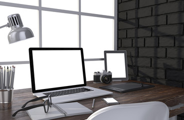 3D illustration laptop and work stuff on table near brick wall, Workspace