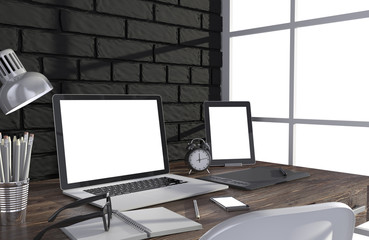 3D illustration laptop and work stuff on table near brick wall, Workspace