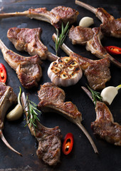 Grilled fresh lamb ribs with rosemary and garlic