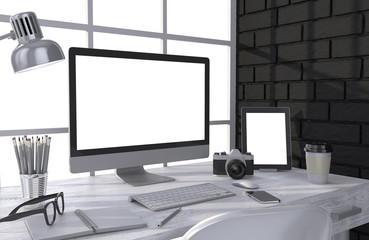 Fototapeta premium 3D illustration PC screen on table in office, Workspace