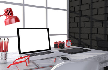 3D illustration laptop and work stuff on table near brick wall, Workspace