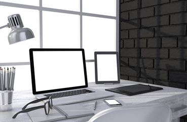 3D illustration laptop and work stuff on table near brick wall, Workspace