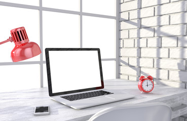 3D illustration laptop and work stuff on table near brick wall, Workspace
