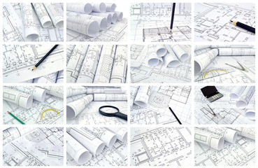 Collage of photos of drawings for the project engineering work