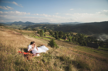 Fototapeta na wymiar Beautiful wedding couple at picnic with fruit and cake on a background of mountains