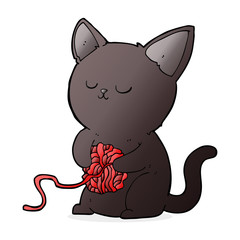 cartoon cute black cat playing with ball of yarn