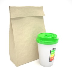 Coffee to go and lunch bag, on white.