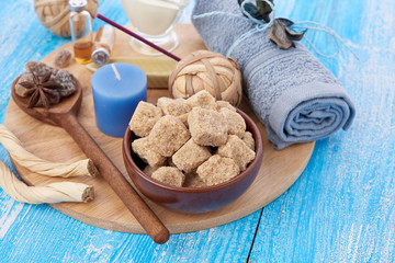 Composition of spa treatment on wooden background