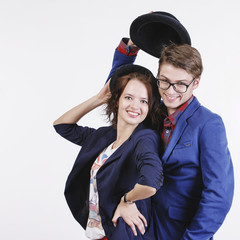 Happy smiling hipster students in the studio