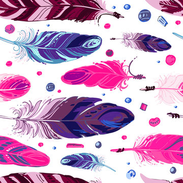 Pattern feathers and beads. Native american indian dream catcher, traditional symbol. Feathers and beads on color background. Vector decorative elements hippie.