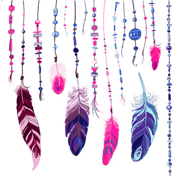 Set of ornaments, feathers and beads. Native american indian dream catcher, traditional symbol. Feathers and beads on white background. Vector decorative elements hippie.