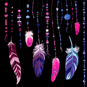 Set of ornaments, feathers and beads. Native american indian dream catcher, traditional symbol. Feathers and beads on white background. Vector decorative elements hippie.