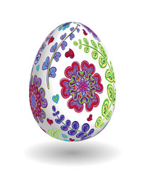 Easter Egg with hand draw ornate floral pattern. Realistic eggs. Template for easter greeting card. Red blue green flowers on white egg.