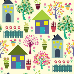 Houses and different plants illustration.