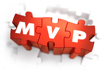 MVP - Minimum Vable Product - White Word on Red Puzzles on White Background. 3D Render. 