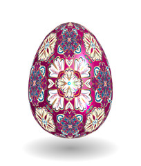 White Single Vector Easter Egg with Abstract Colorful Pattern - Beautiful Close Up Design with Smooth Shadow on the Ground. Gold vineus ornament on purple egg.