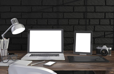 Fototapeta premium 3D illustration laptop and work stuff on table near brick wall, Workspace