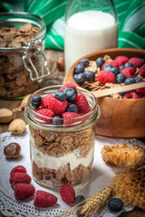 Tasty breakfast with cereal and frut.