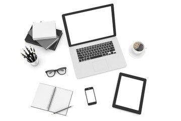 Responsive mockup screens. Laptop, tablet, phone on table 