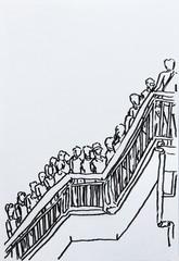 Obraz premium crowd walking/crowd walking in urban scene cartoon drawing on paper