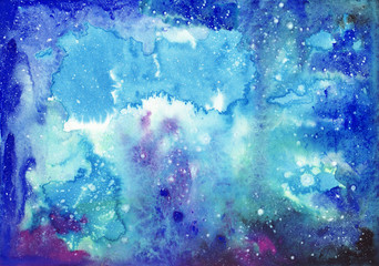 Fototapeta na wymiar Original watercolor painting of abstract blue sparkling cosmic background. High resolution image.