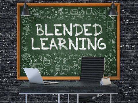 Green Chalkboard with the Text Blended Learning Hangs on the Dark Brick Wall in the Interior of a Modern Office. Illustration with Doodle Style Elements. 3D.