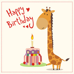 Obraz premium greeting card happy birthday cute little giraffe with birthday cake
