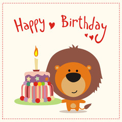 greeting card happy birthday cute little lion with birthday cake