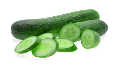 Wet cucumber isolated on white background.