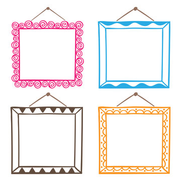 Vector set of hanging picture frames, hand drawn doodle style, isolated on white background.
