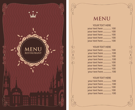 menu for the restaurant with the price and drawing of the old town