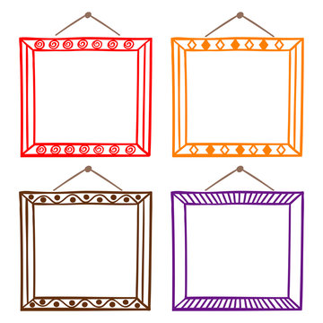 Vector Set Of Hanging Picture Frames, Hand Drawn Doodle Style, Isolated On White Background.