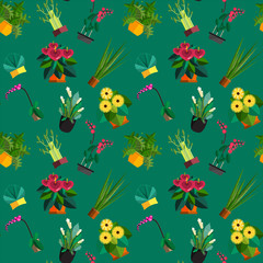Seamless pattern of houseplants, indoor and office plants in pot. Dracaena, fern, bamboo, spathyfyllium, orchids, Calla lily, aloe vera, gerbera, snake plant, anthuriums. Flat seamless plants, vector