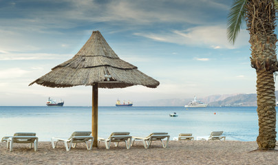 Sandy beach of Eilat - famous resort and recreation city in Israel