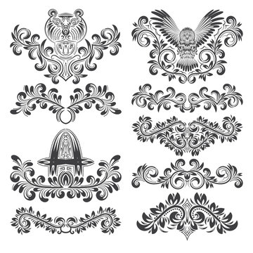 Design ornamental elements set. Floral tattoo in vintage baroque style. Vintage page ornate decorations.