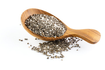 chia seeds in wooden spoon , Isolated on white background
