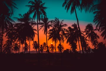 Fotobehang Palmboom Silhouet kokospalmen op het strand bij zonsondergang. Vintage toon.