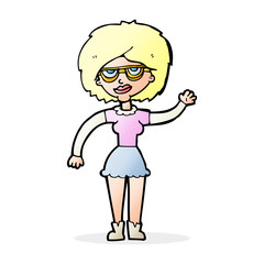 cartoon waving woman wearing spectacles