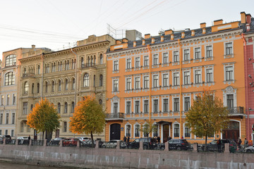 Beautiful old houses on the embankment of the river Moika