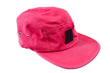 Red five panels cap on white background
