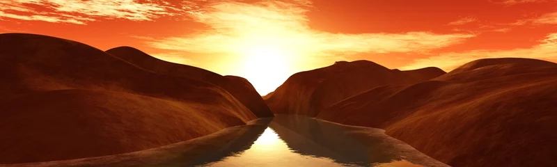Acrylglasbilder Braun Sunset over the river, the sun over the canal in the desert sunset over the oasis, the sun over the water in the desert  © ustas