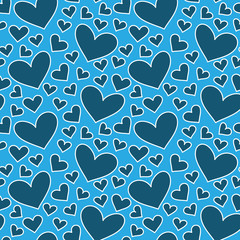 Blue hearts seamless pattern.  Hand drawn background.