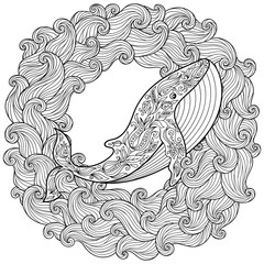 Fototapeta premium Hand drawn whale in the waves for antistress Coloring Page