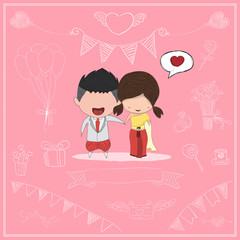 Cute cartoon Wedding couple men and women card style thai dress,